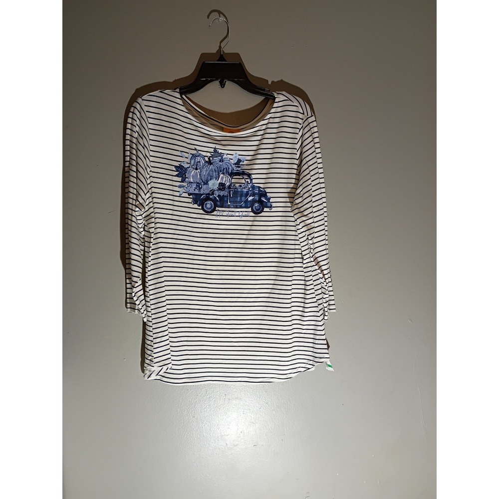 Ruby Rd Women's Top ‎ Size  Large Fall Happy  Harvest Stipped 3/4 Sleeve